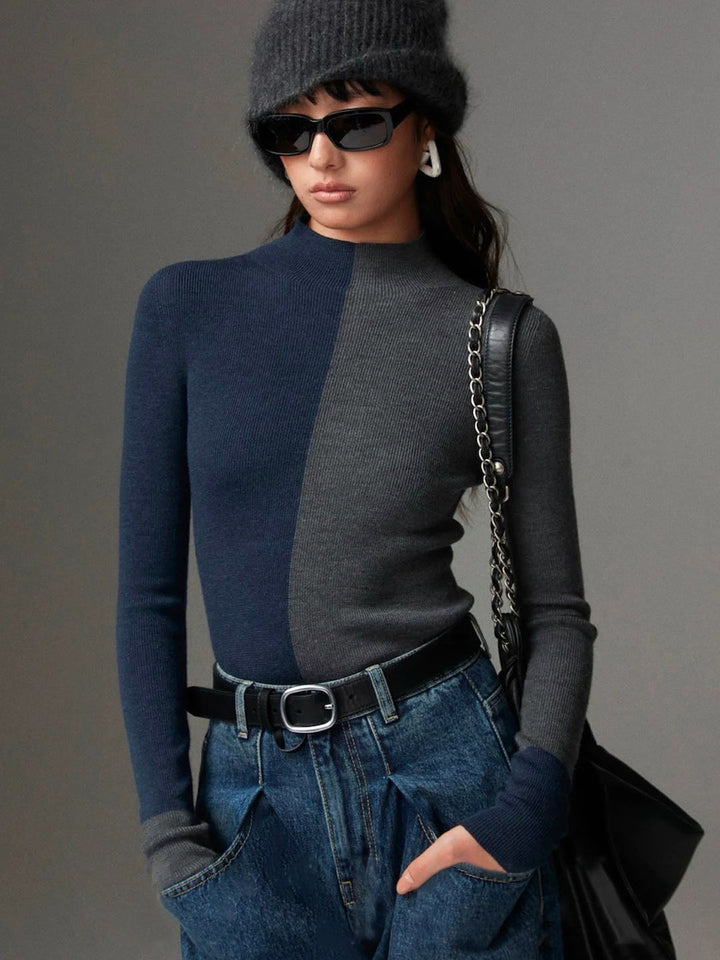 Haut Tricot Ajusté Bicolore en Mélange Laine