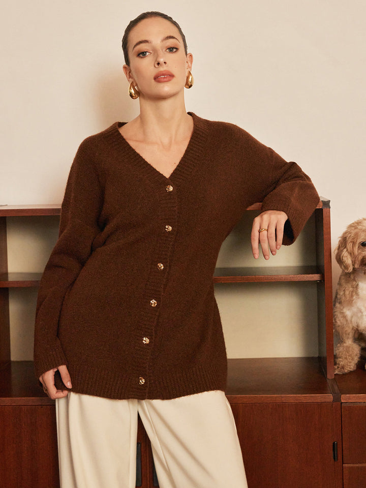 Cardigan ceinturé en laine mélangée à boutons métalliques