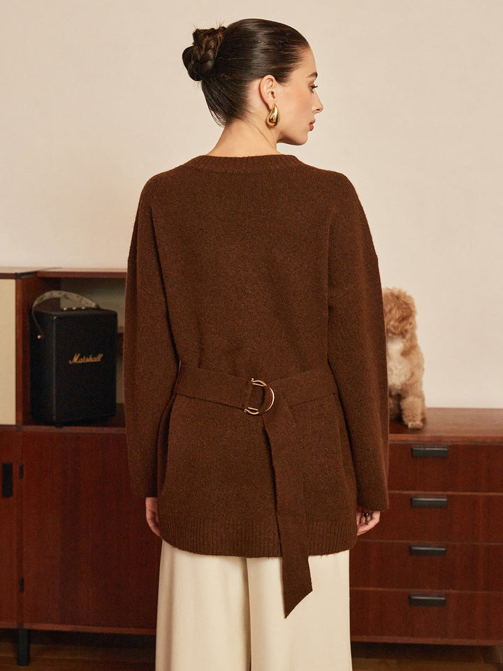 Cardigan ceinturé en laine mélangée à boutons métalliques
