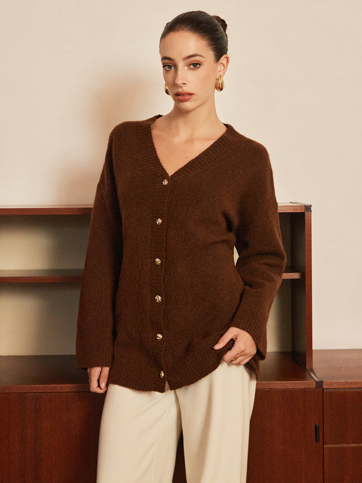Cardigan ceinturé en laine mélangée à boutons métalliques