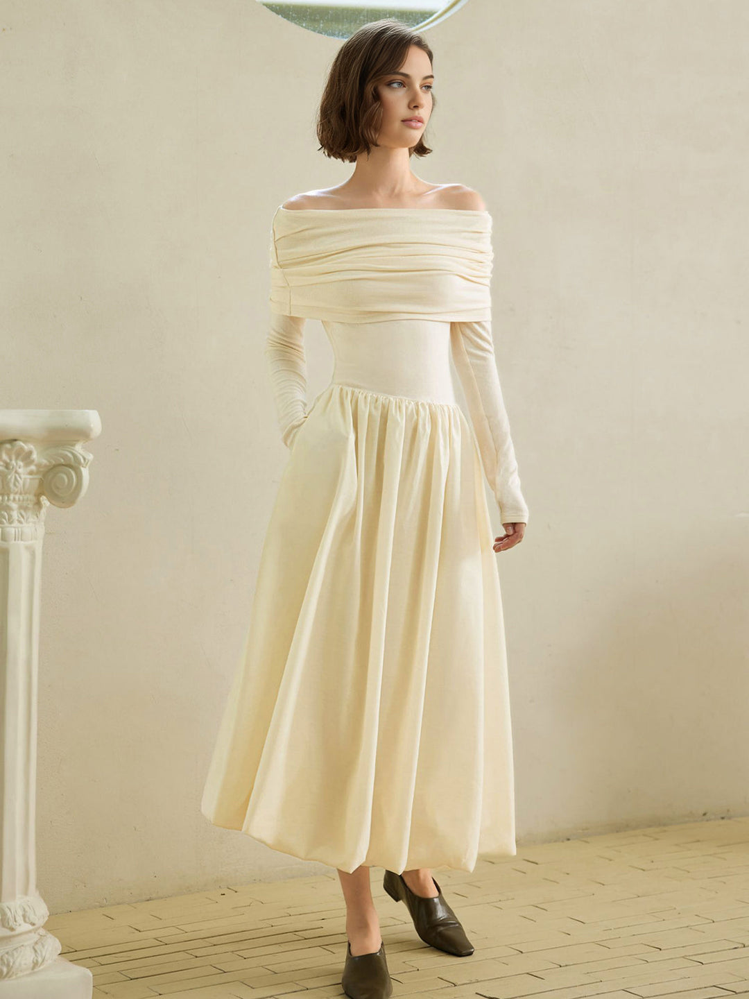 Robe Longue Plissée à Volants Bardot