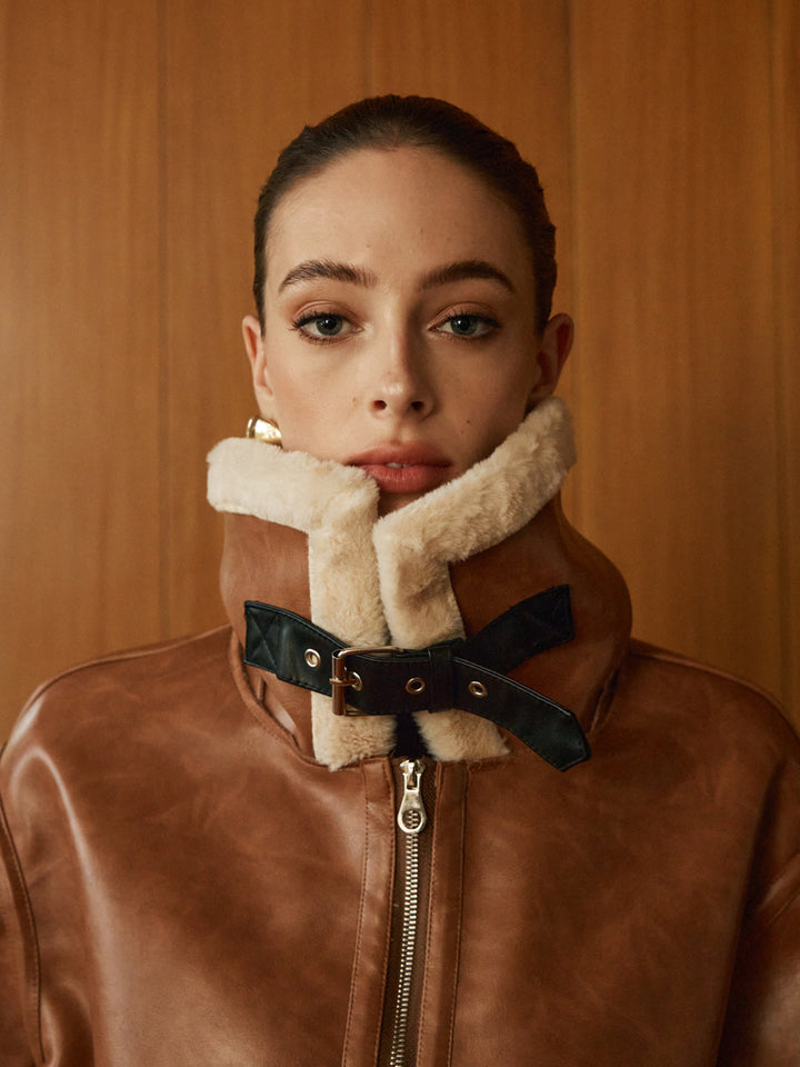 Veste Boutonnée en Fausse Cuir Minky