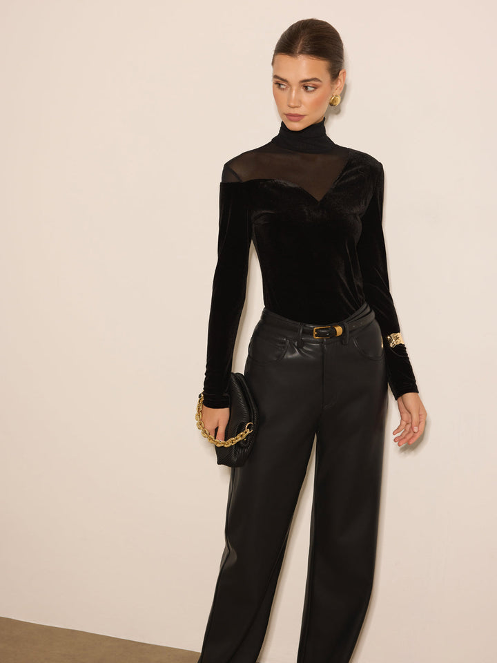 Blouse en velours à col empilé avec détails en maille