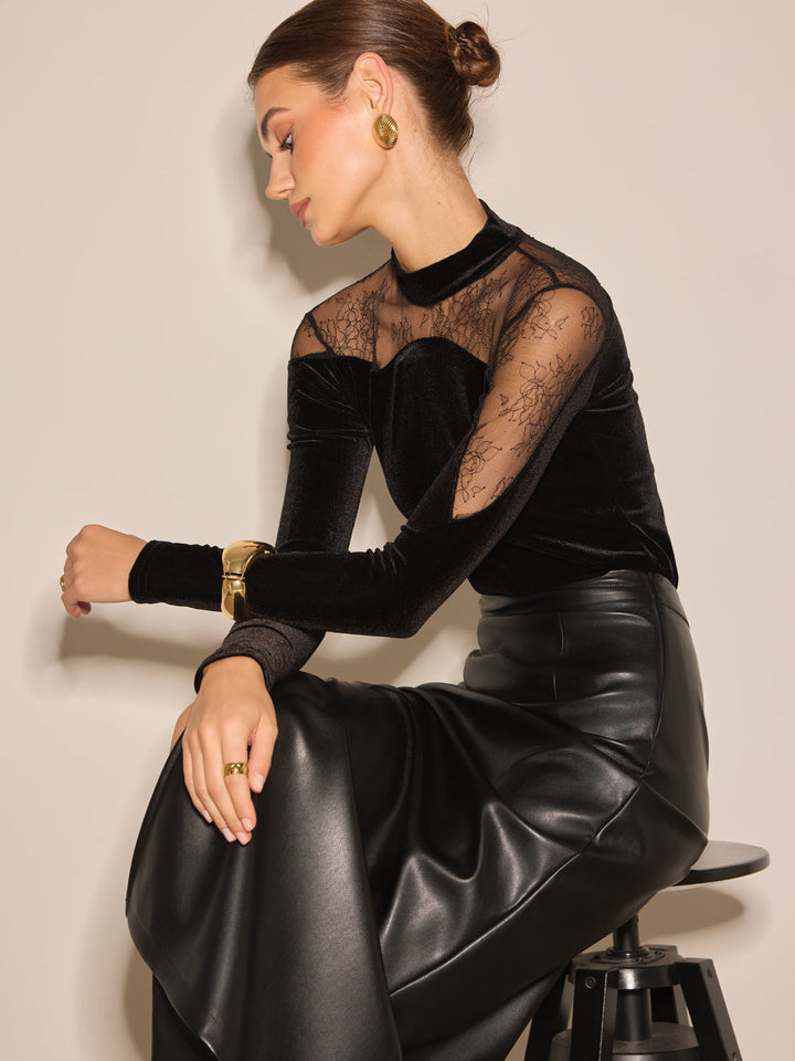 Blouse Ajustée en Velours avec Empiècement en Dentelle Transparente