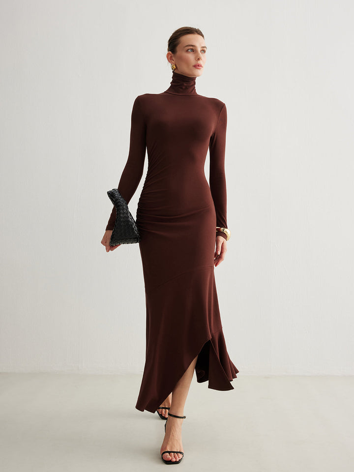 Robe Longue Plissée Irrégulière à Col Roulé