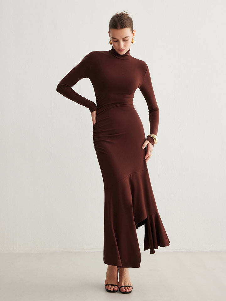 Robe Longue Plissée Irrégulière à Col Roulé