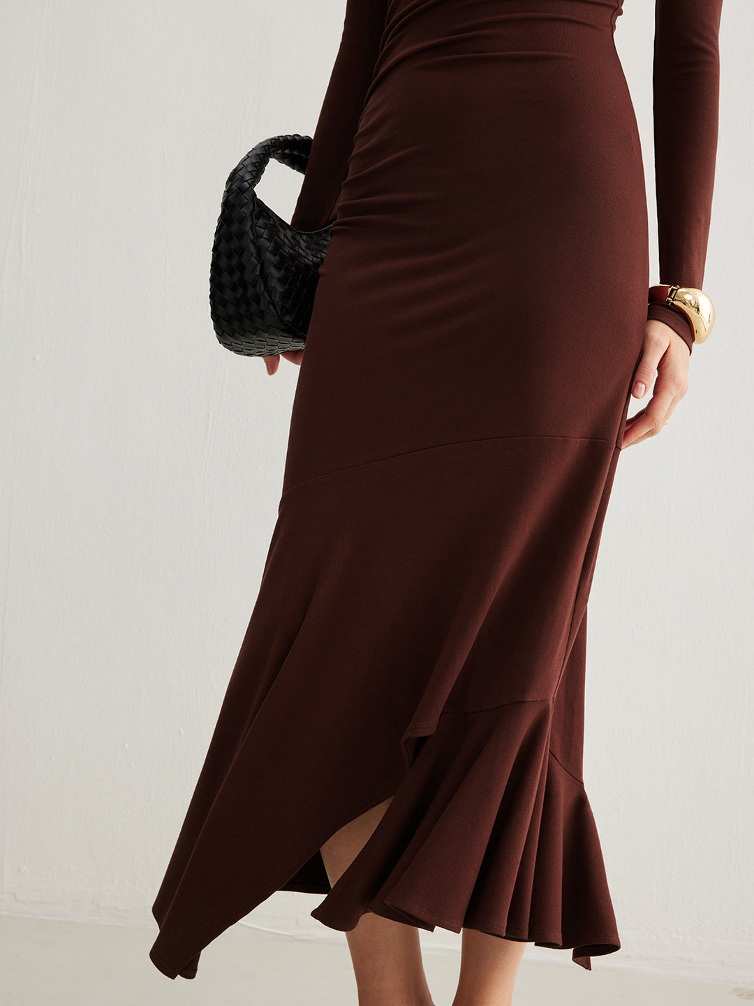 Robe Longue Plissée Irrégulière à Col Roulé