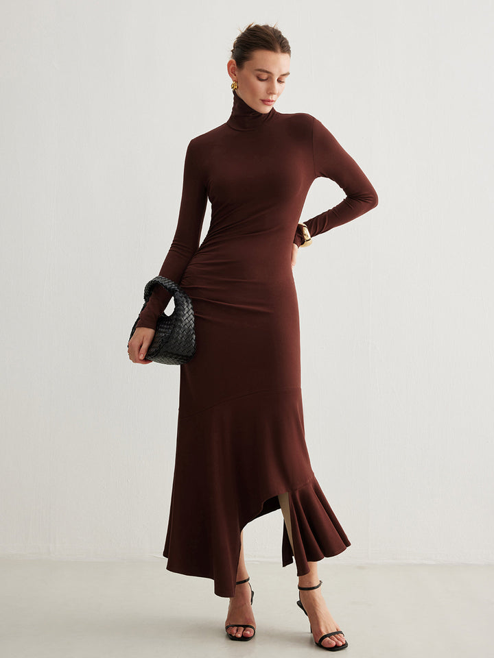 Robe Longue Plissée Irrégulière à Col Roulé