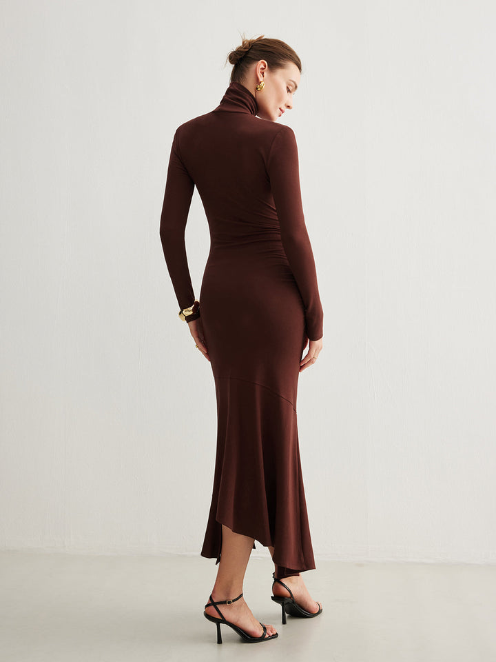Robe Longue Plissée Irrégulière à Col Roulé