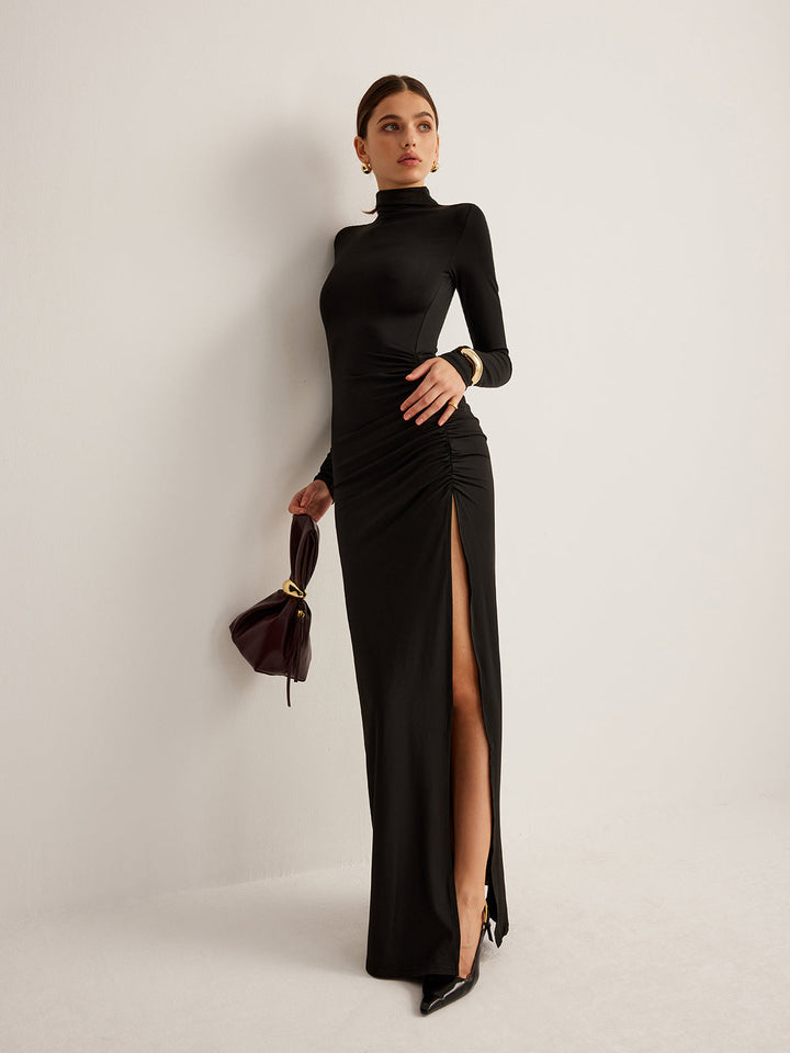 Robe Longue Plissée à Col Montant