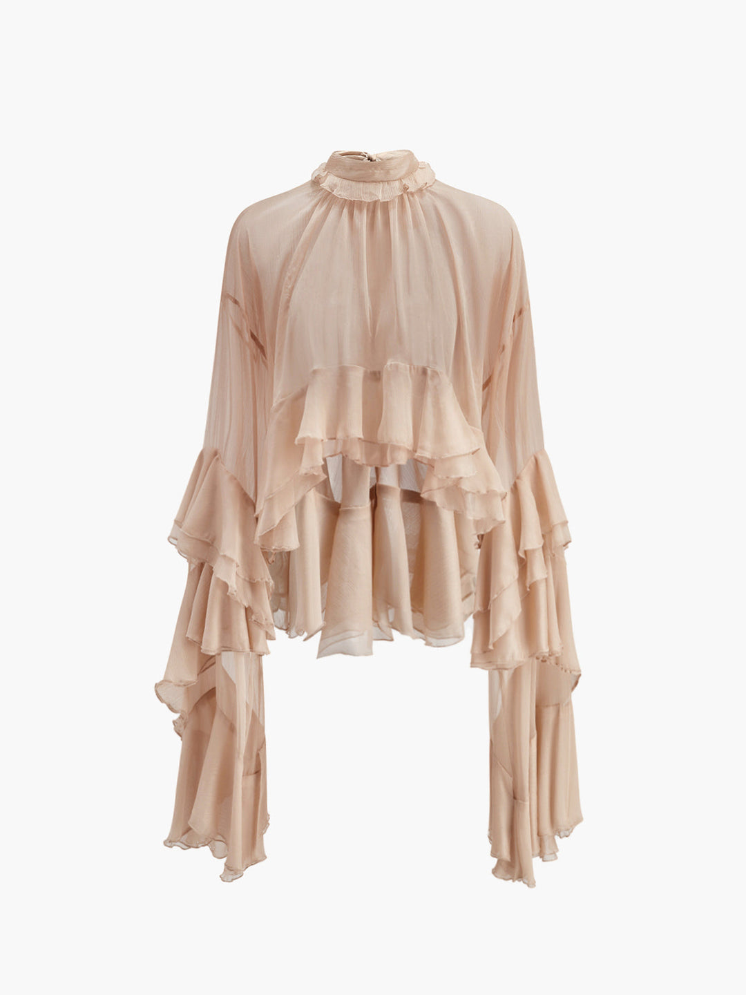 Blouse en mousseline à volants et col roulé transparent