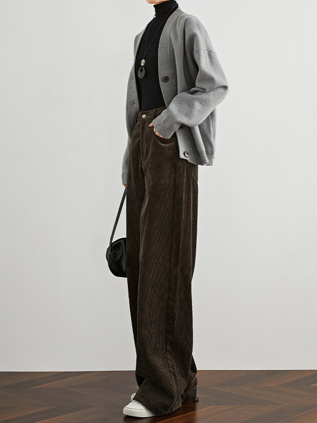 Pantalons Drape Côtelés Taille Haute