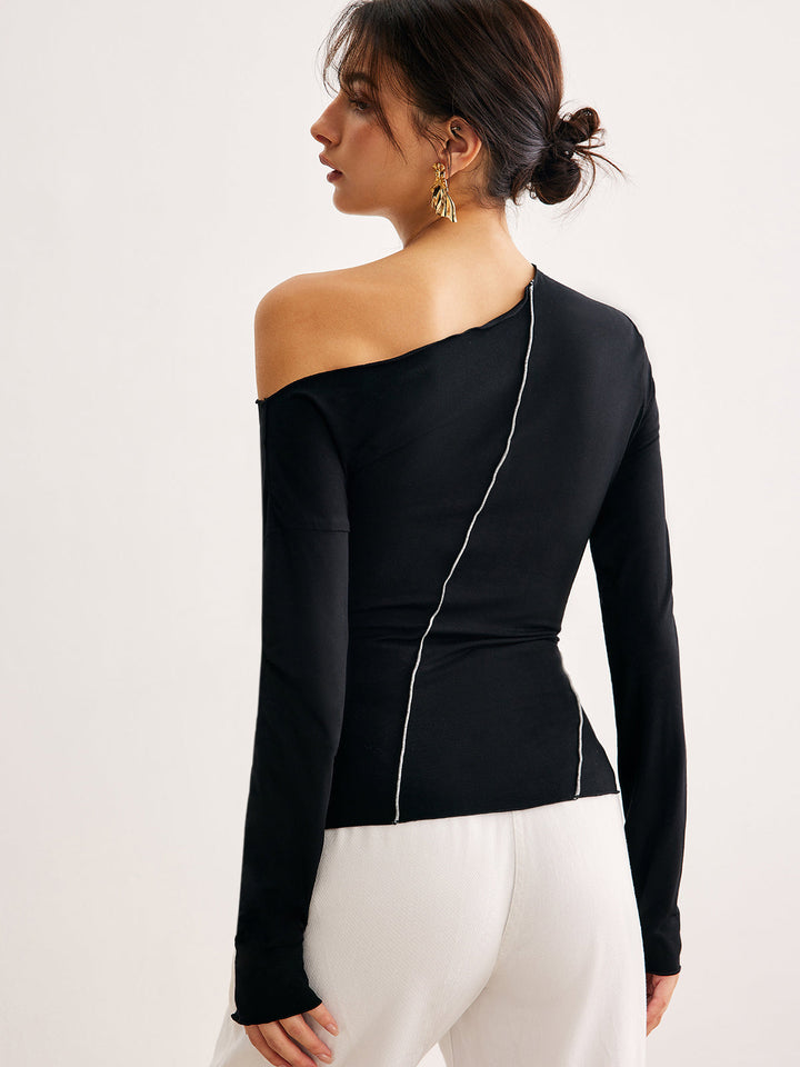 T-shirt skinny à épaule dénudée et passepoil contrastant