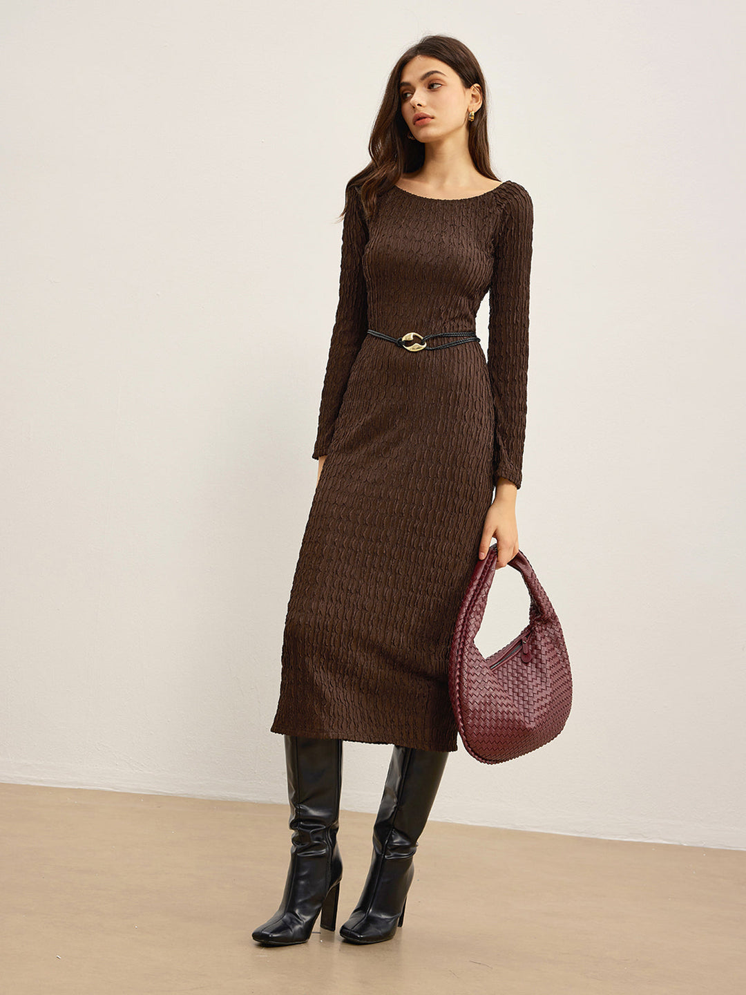 Robe Longue Texturée Froissée Sans Ceinture