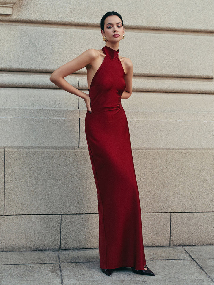 Robe Longue Satin à Dos Nu et à Nouettes