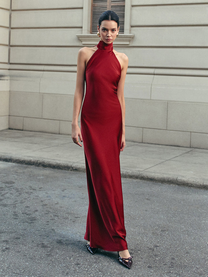 Robe Longue Satin à Dos Nu et à Nouettes