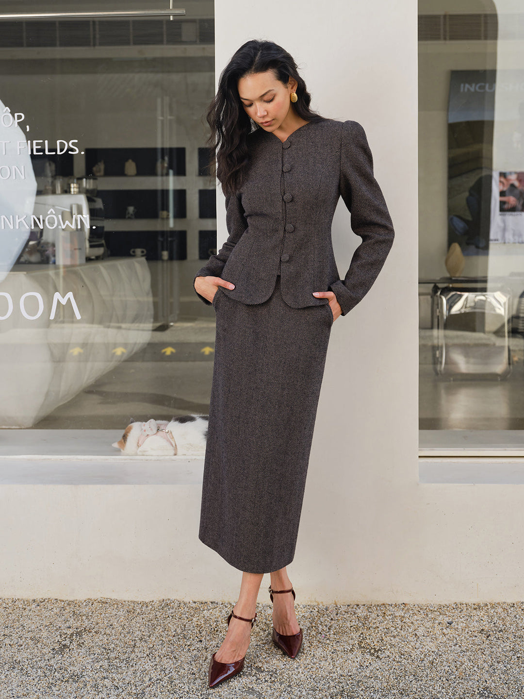 Blazer Ajusté à Chevrons avec Boutons