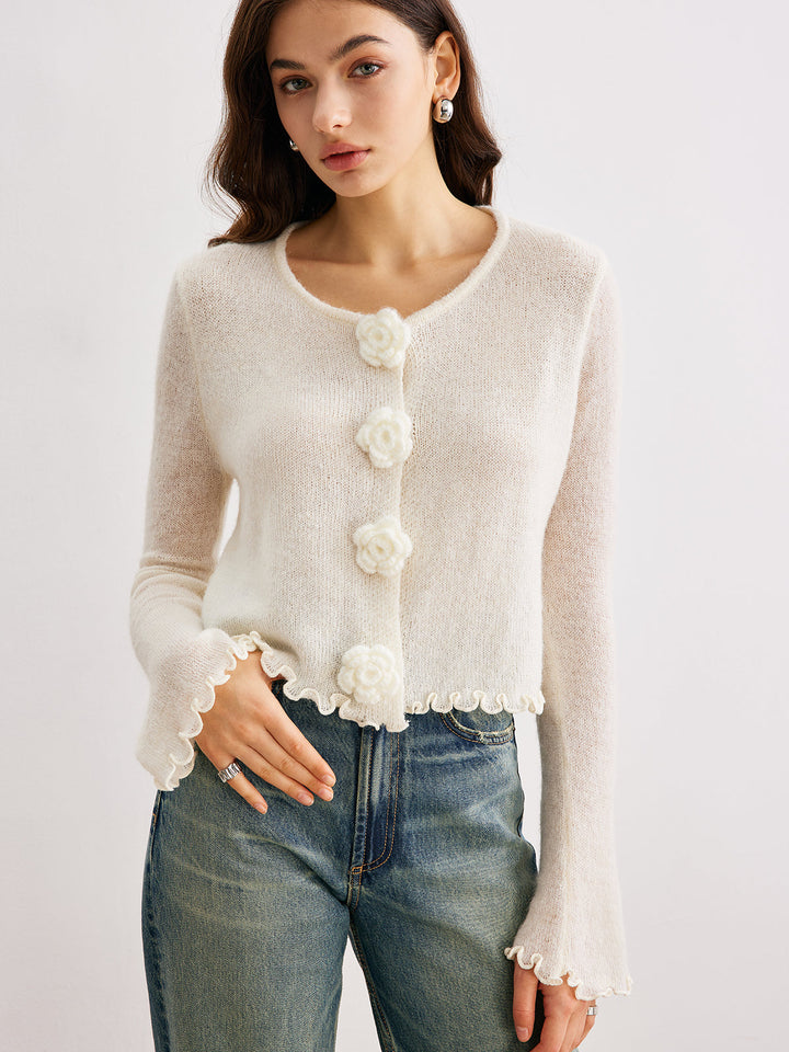 Cardigan à Bordure Festonnée en Laine Mélangée avec Fleur 3D