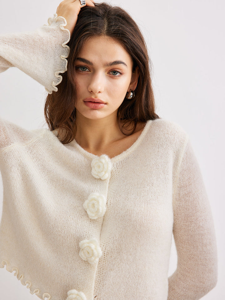 Cardigan à Bordure Festonnée en Laine Mélangée avec Fleur 3D