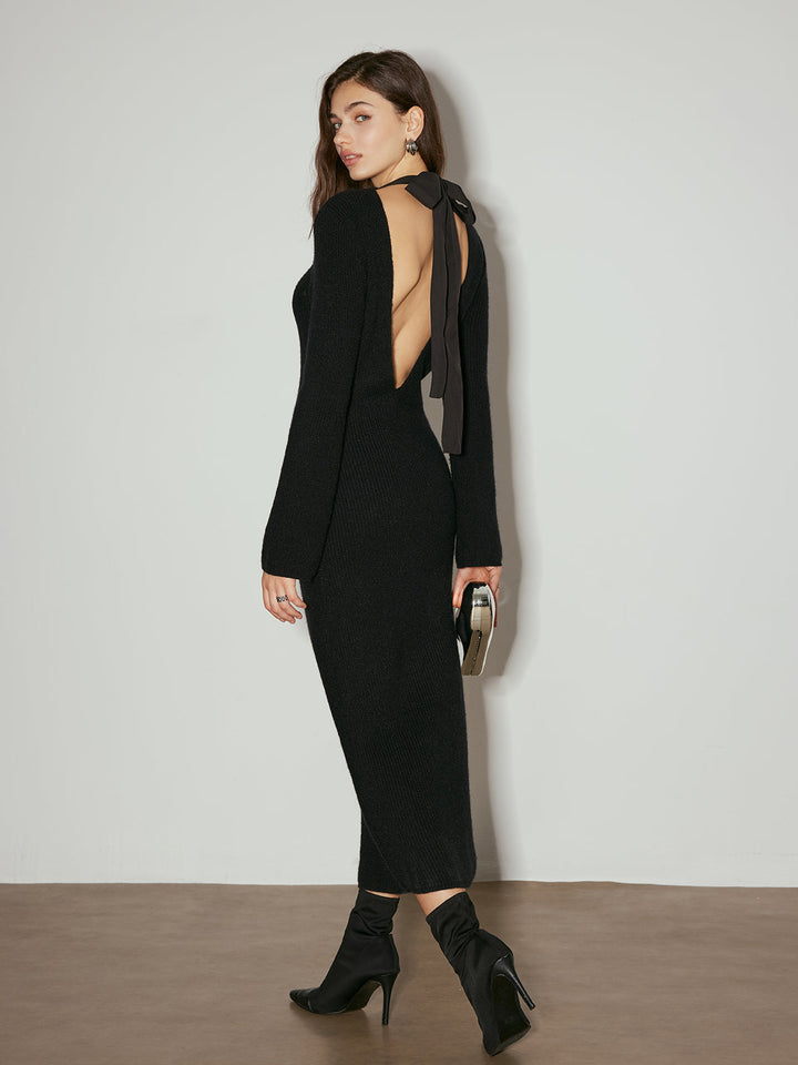 Robe Longue Dos Ouvert à Col Cravate
