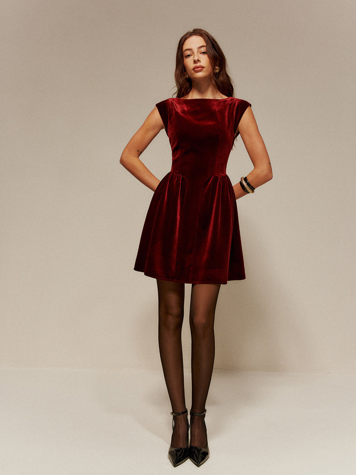 Robe Courte à Bretelles Plissée en Velours