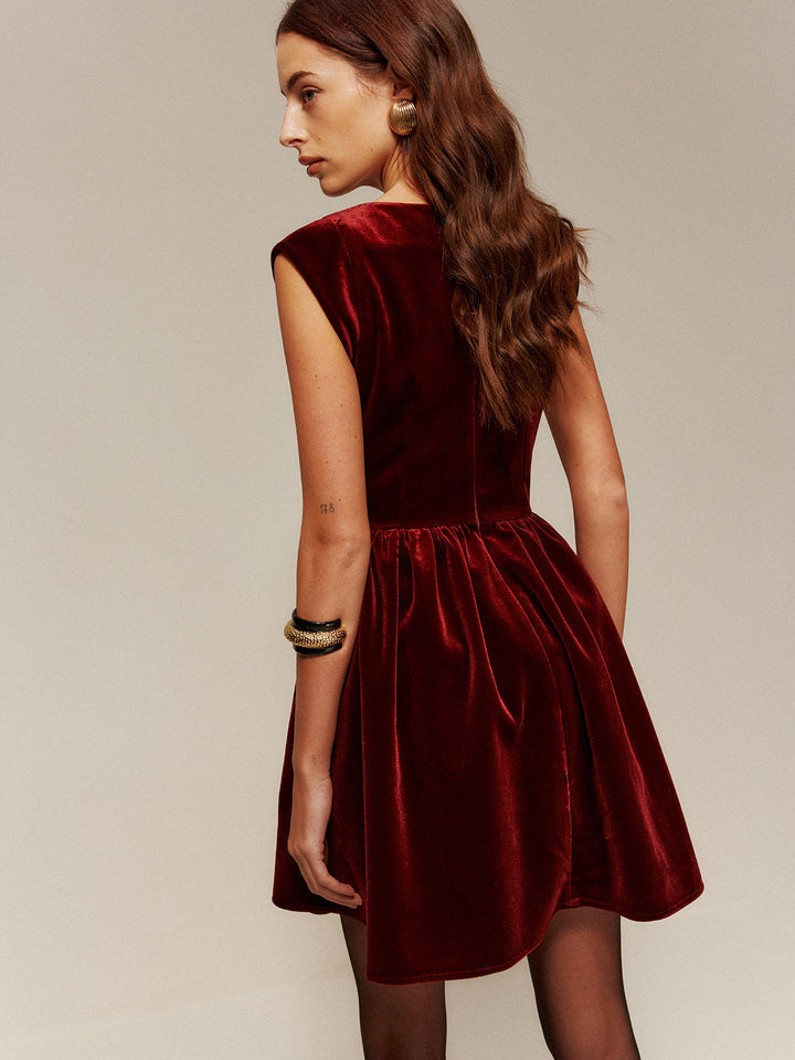 Robe Courte à Bretelles Plissée en Velours