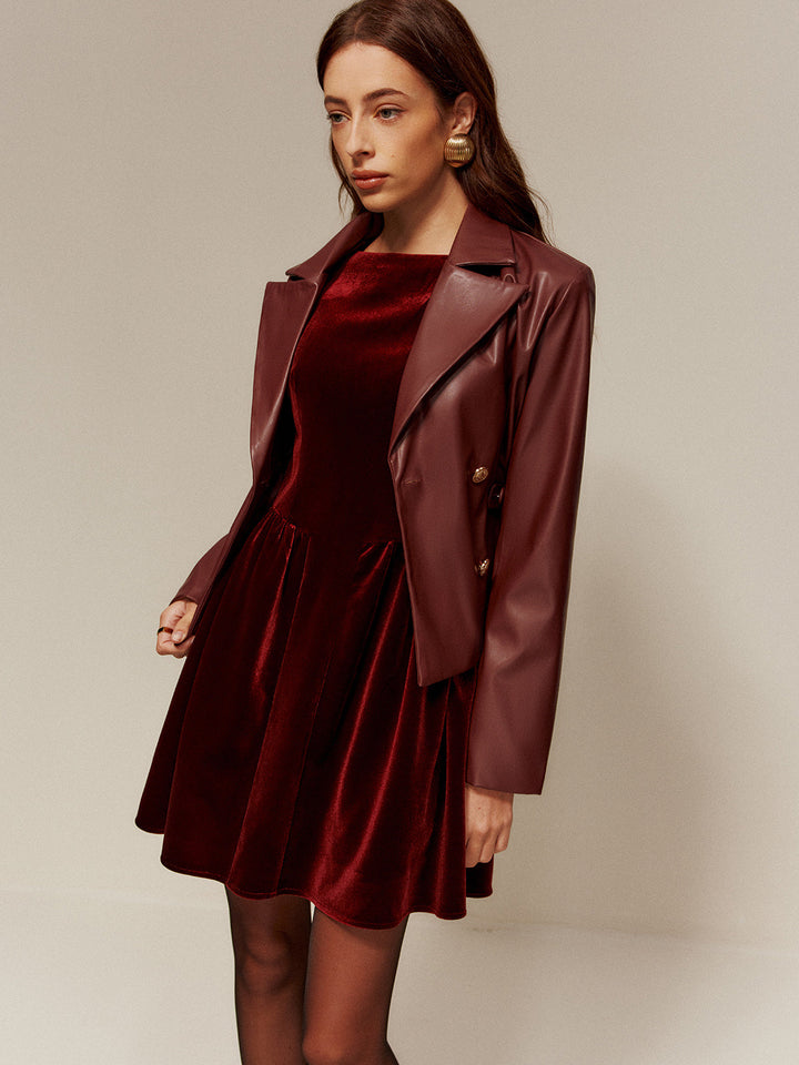 Robe Courte à Bretelles Plissée en Velours