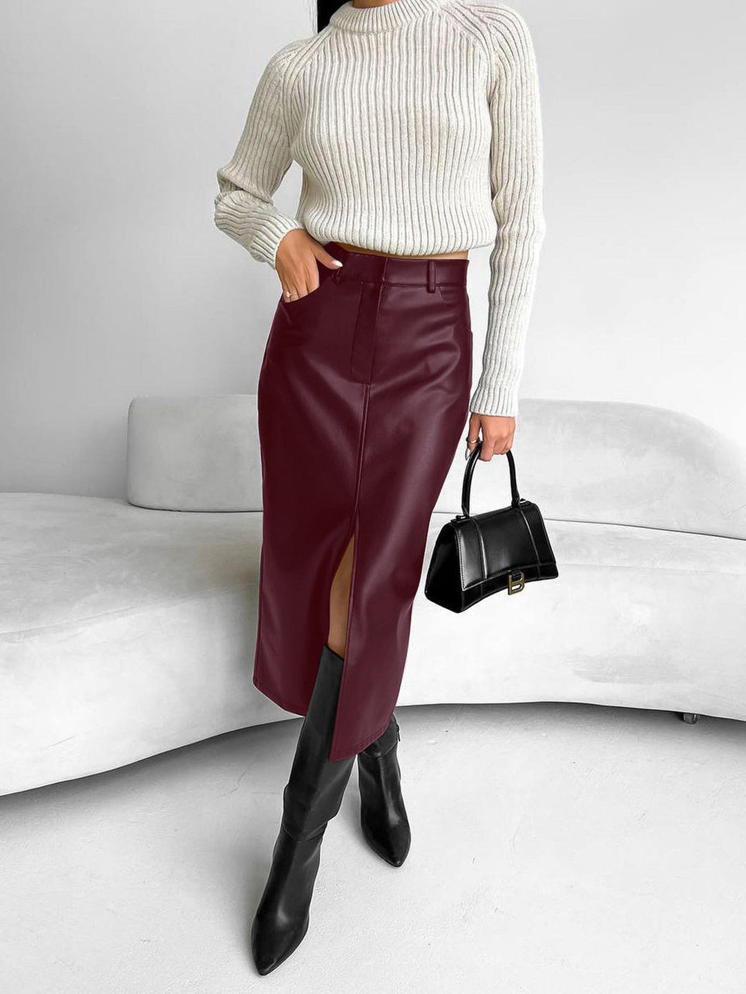 Jupe Midi Fausse Cuir à Fente