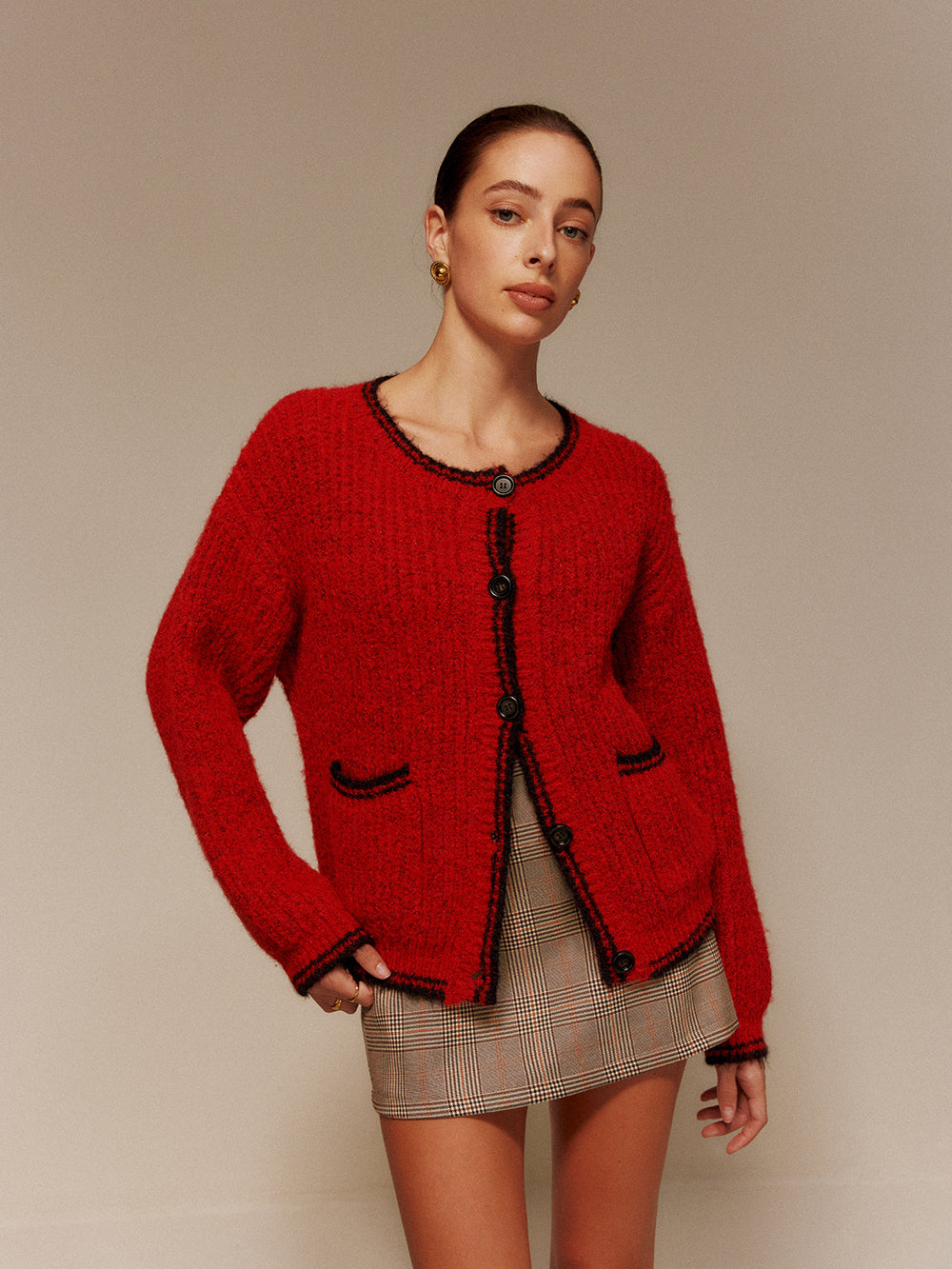 Cardigan Boutonnière à Poches à Garniture Contrastée