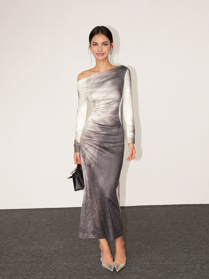 Robe Longue Ajustée à Col Droit Dégradé
