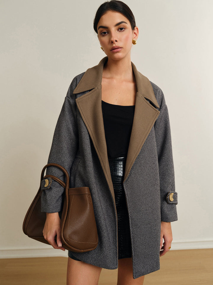 Manteau Long Oversize en Laine à Col Contrastant et Ceinture