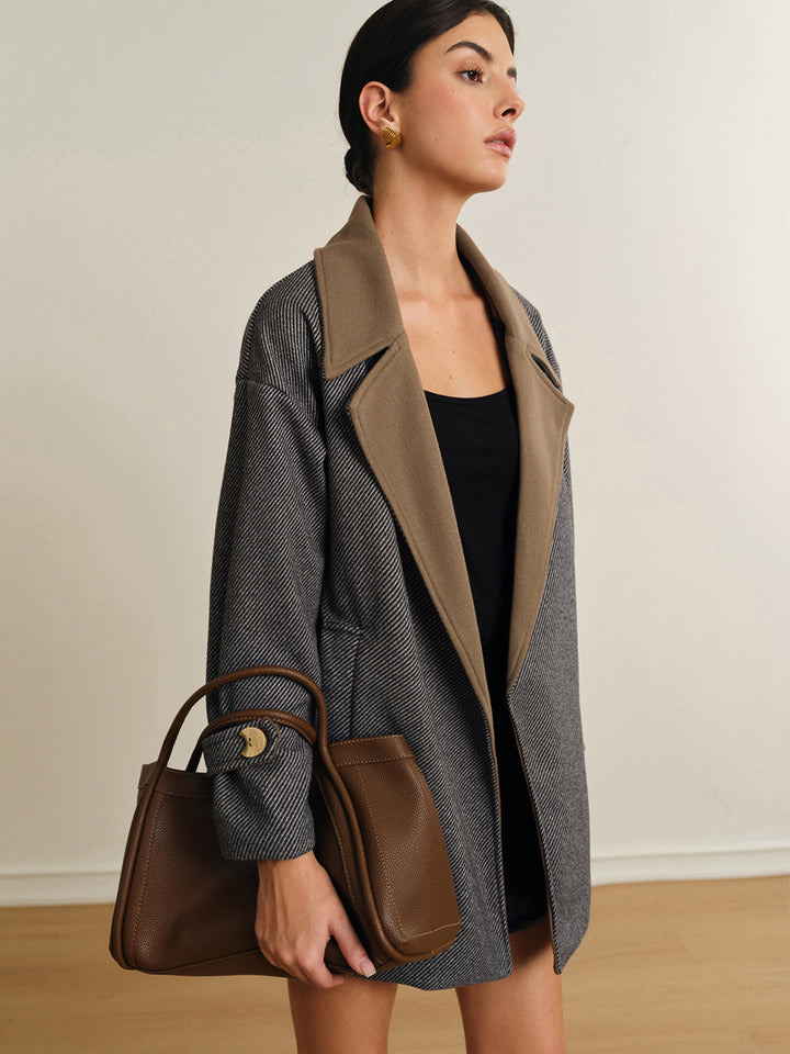 Manteau Long Oversize en Laine à Col Contrastant et Ceinture