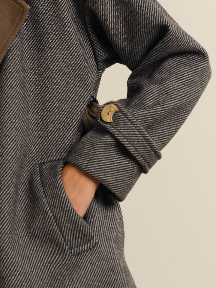 Manteau Long Oversize en Laine à Col Contrastant et Ceinture