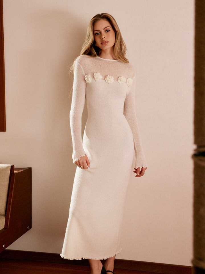 Robe Pull en Maille à Fleurs 3D et Bord Festonné en Laine Mélangée