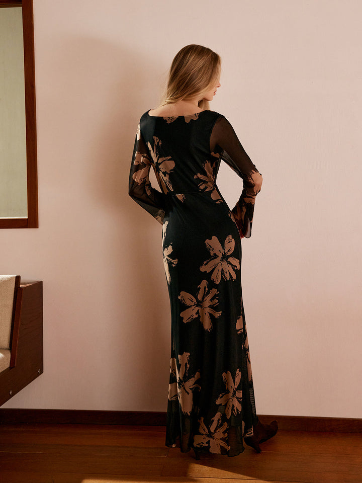 Robe Longue Fleurie à Col Cascade Bohème
