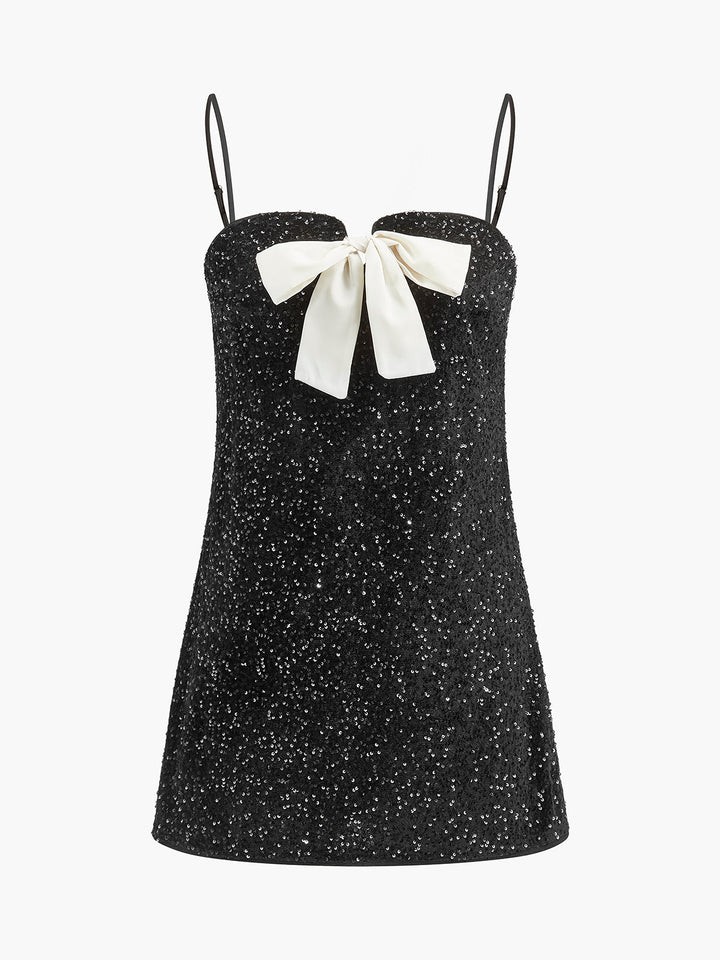 Robe Patineuse Velours à Sequins et Noeud Papillon