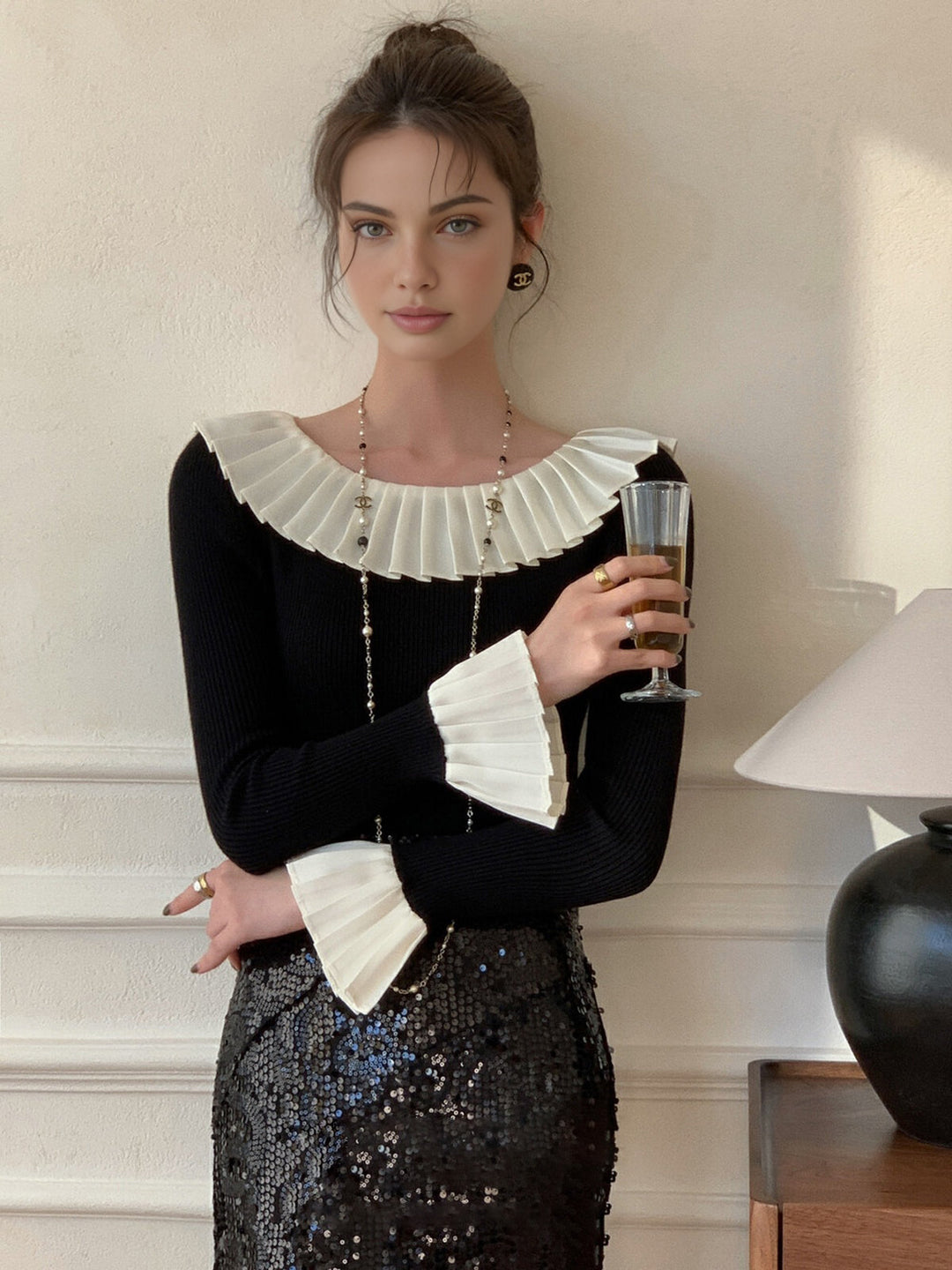 Haut en tricot plissé Color Block