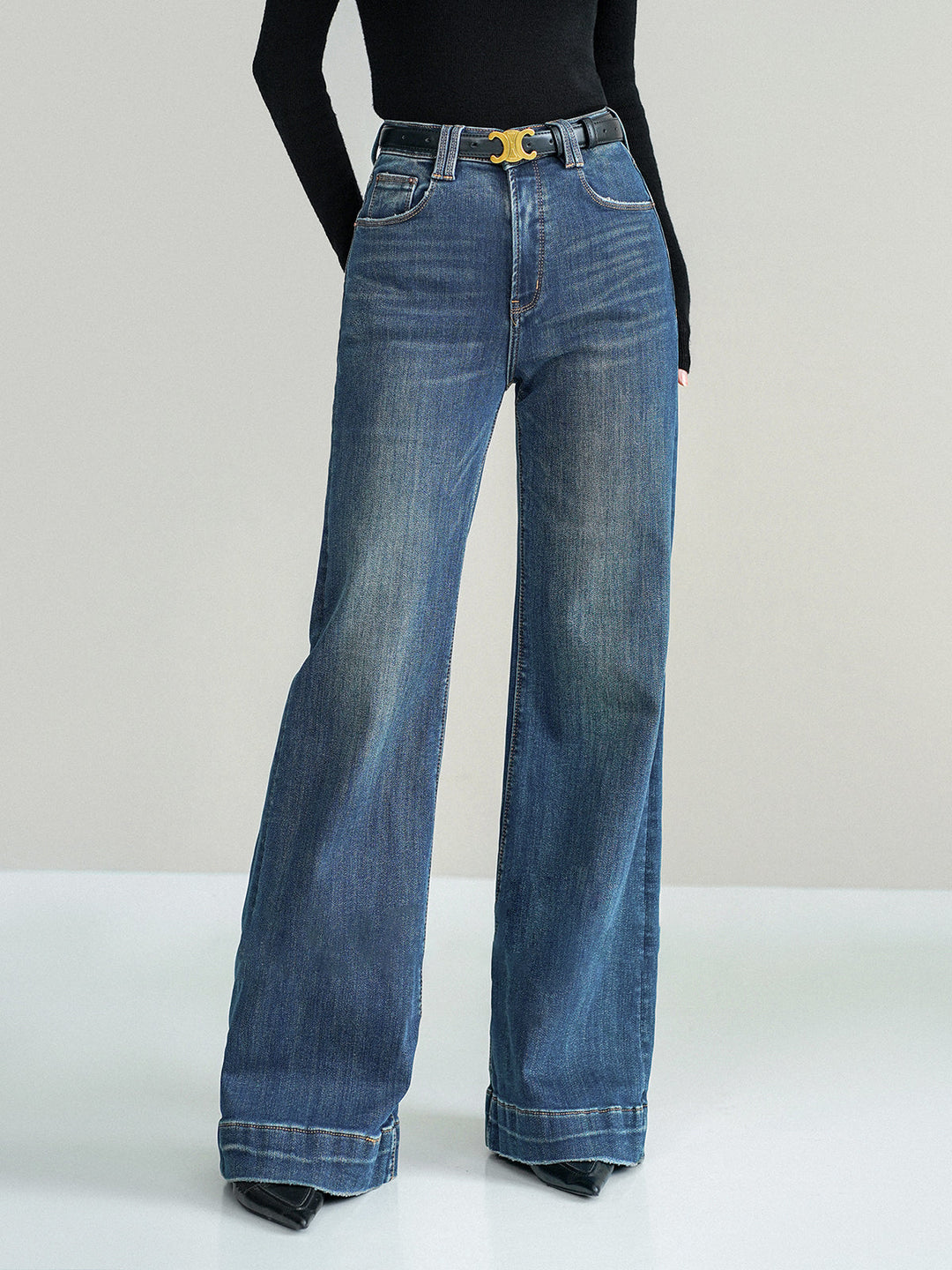 Jean Taille Mi-haute Bootcut en Denim Sans Ceinture