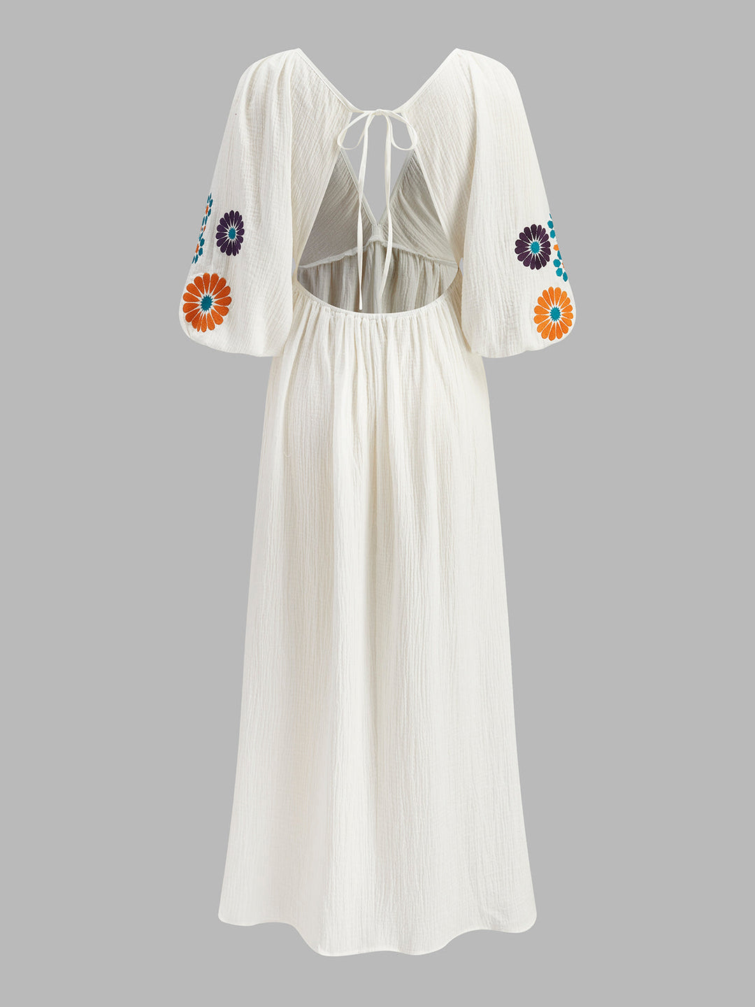 Robe Longue Fleurie à Col en V Semi-Transparente Brodé