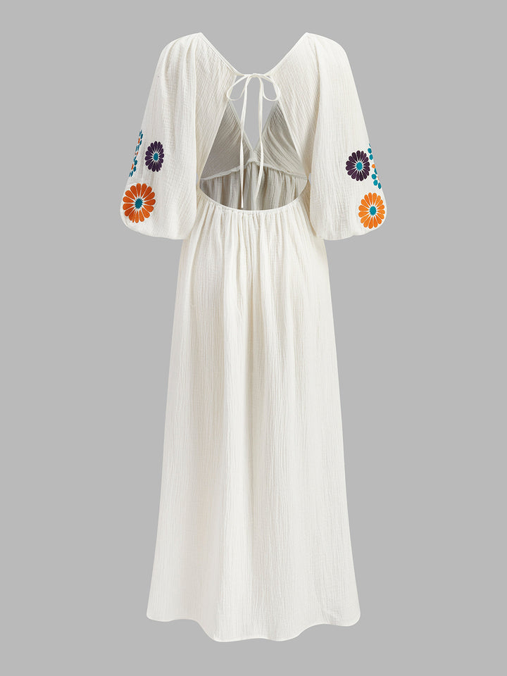 Robe Longue Fleurie à Col en V Semi-Transparente Brodé