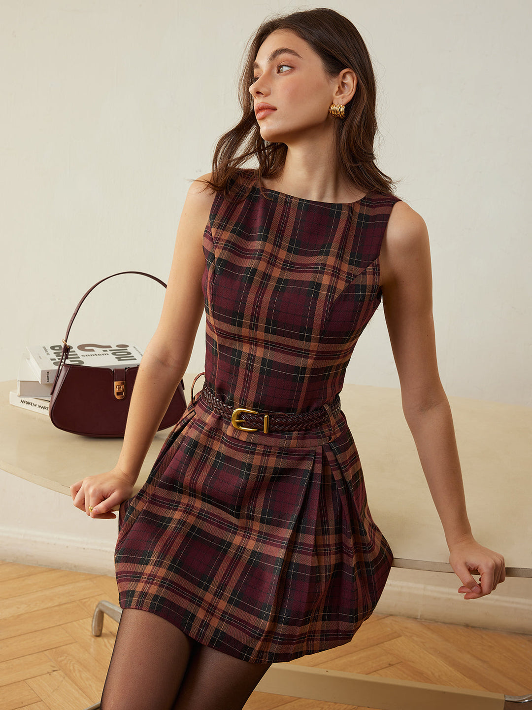 Robe Patineuse à Carreaux Plissée Sans Ceinture