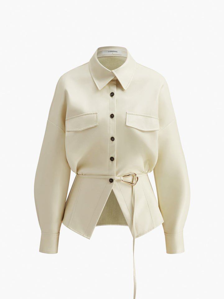 Chemise Polo en Faux Cuir Boutonnée Sans Ceinture