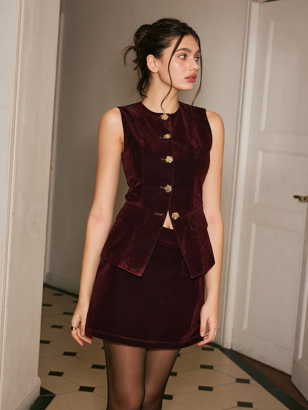 Gilet Côtelé en Velours avec Boutons Métalliques
