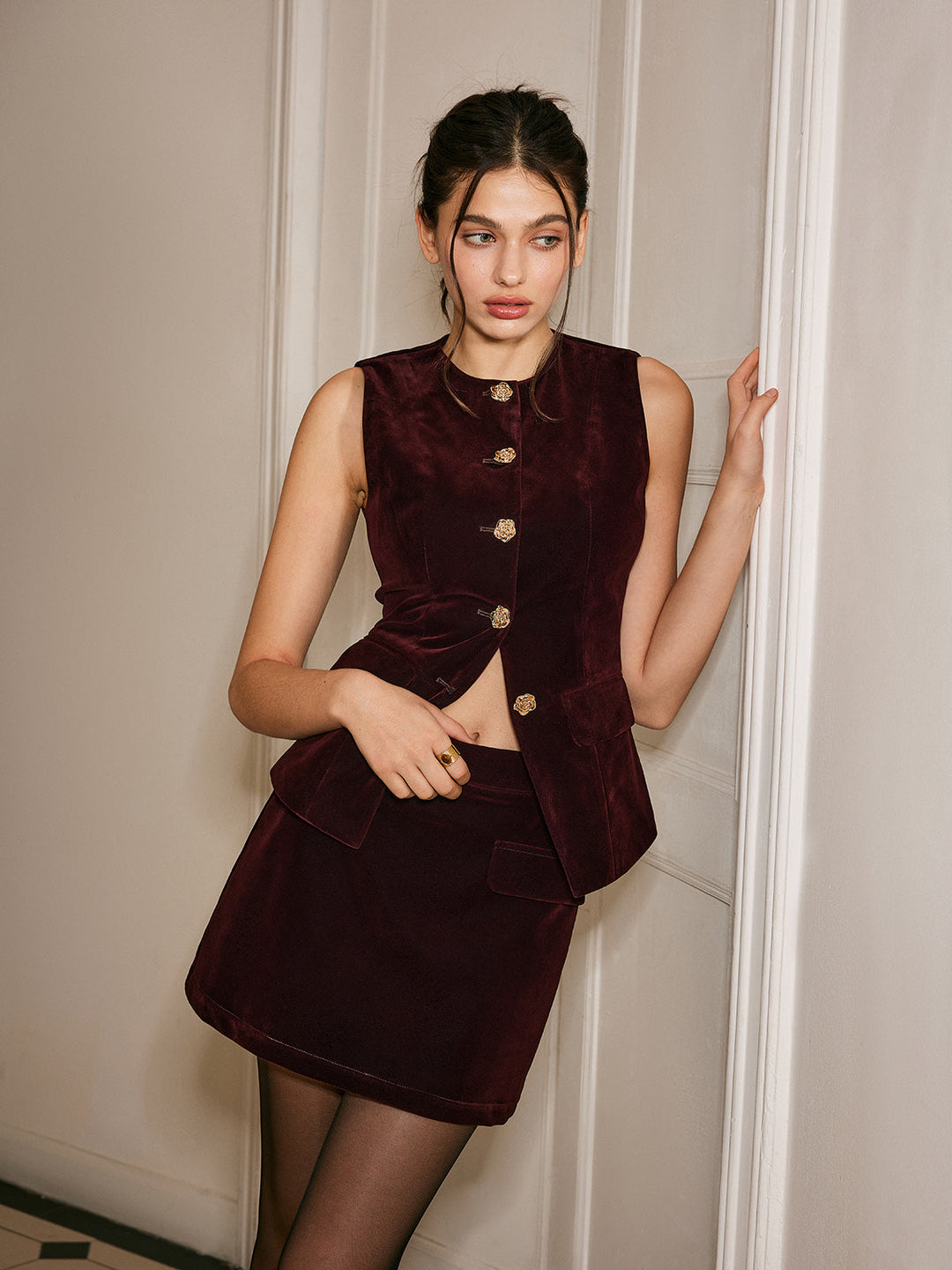Gilet Côtelé en Velours avec Boutons Métalliques