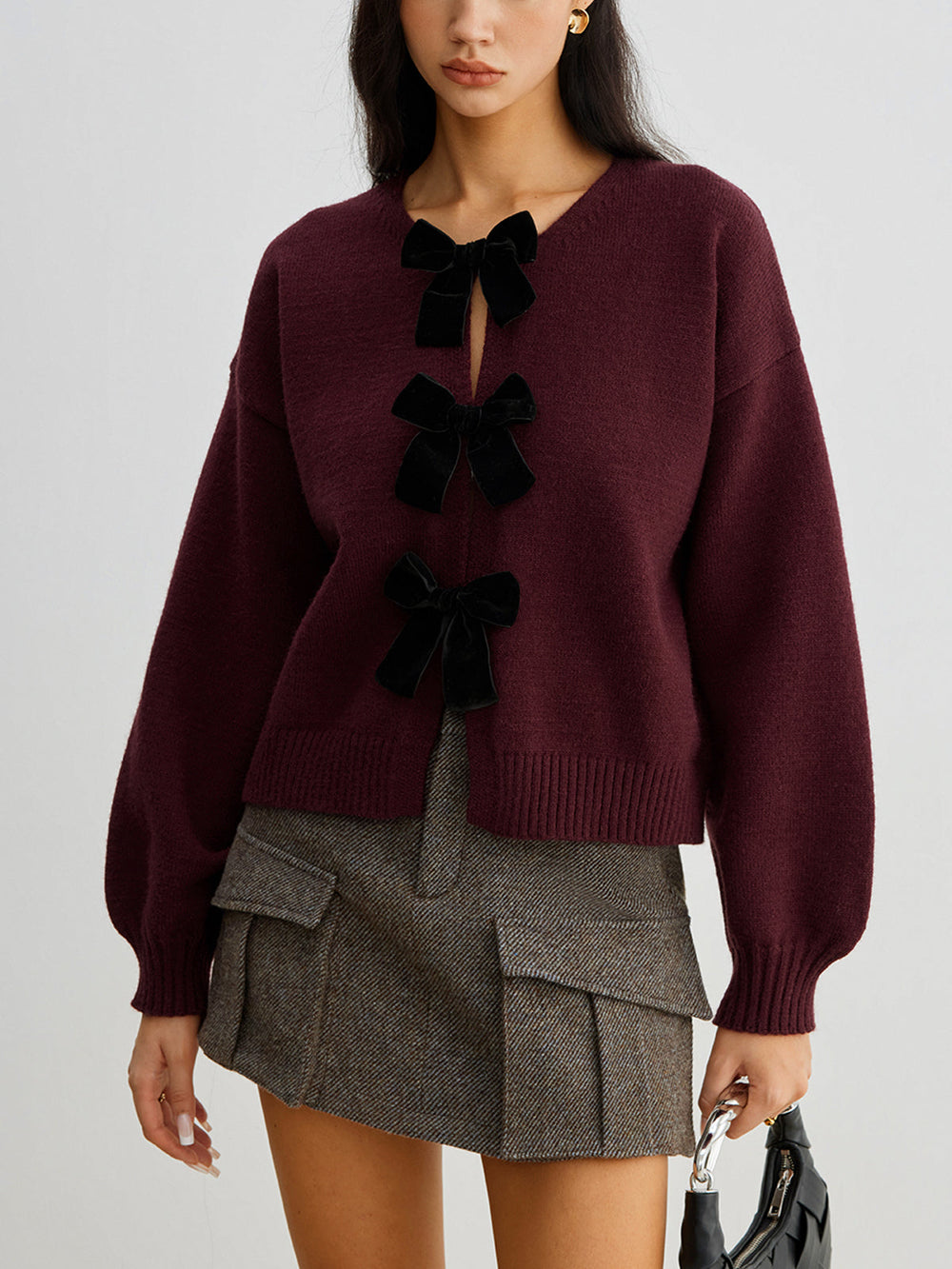 Sweater à manches lanterne avec nœud en velours