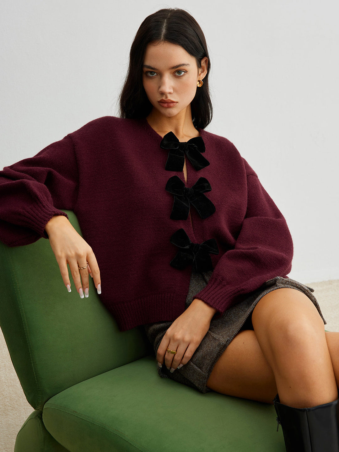 Sweater à manches lanterne avec nœud en velours