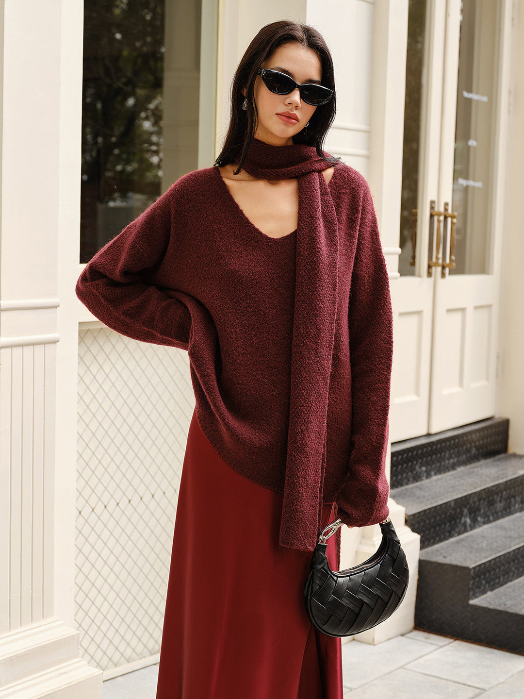 Pull en Laine Mélangée Ample avec Foulard Assorti