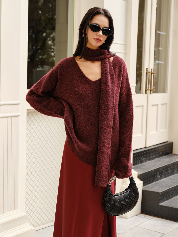 Pull en Laine Mélangée Ample avec Foulard Assorti