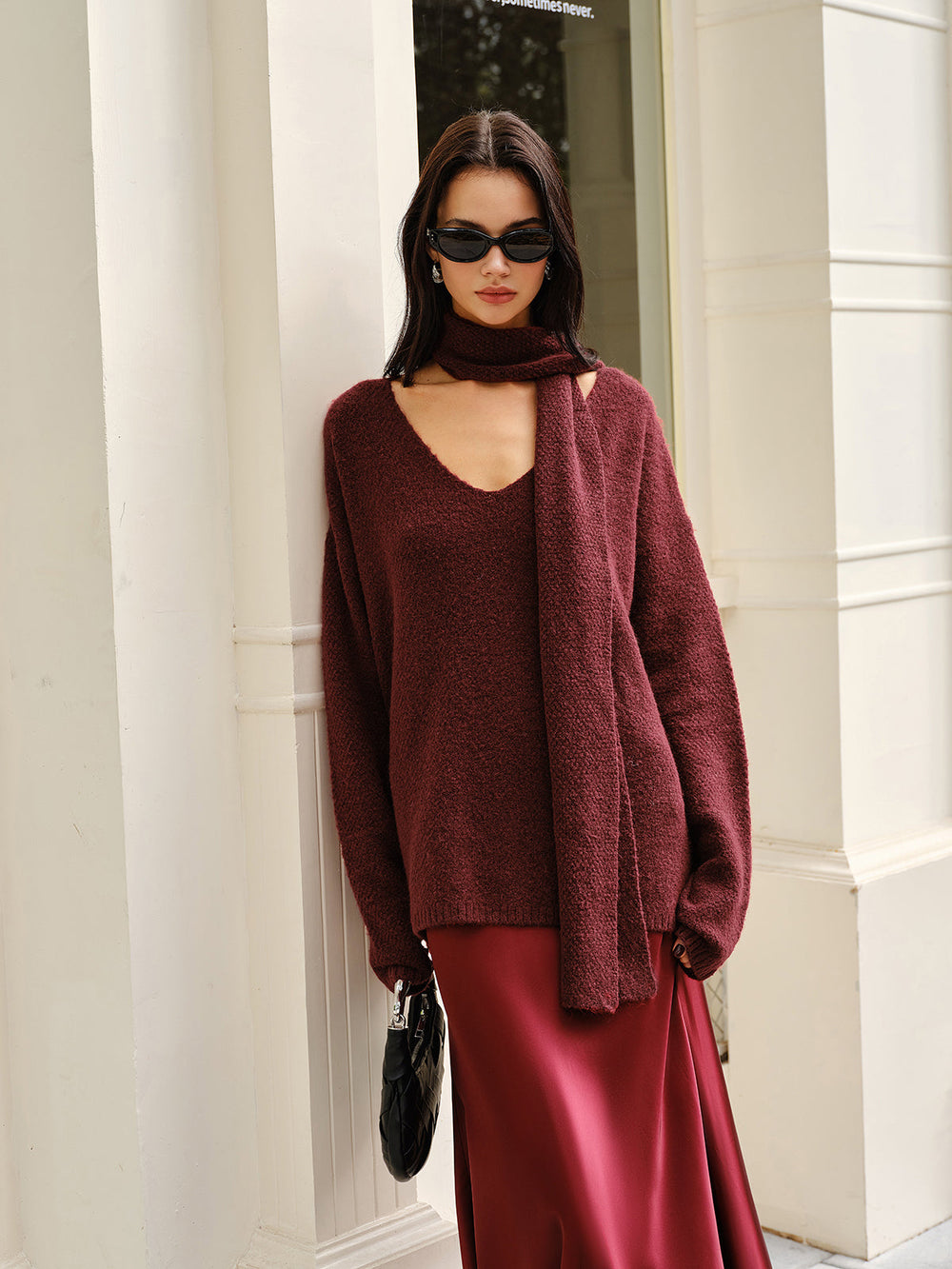 Pull en Laine Mélangée Ample avec Foulard Assorti