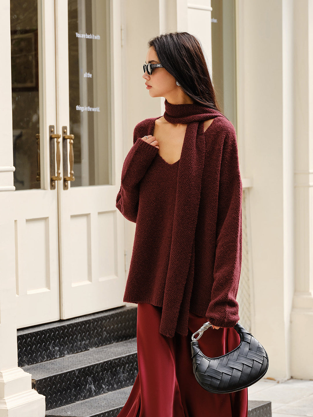 Pull en Laine Mélangée Ample avec Foulard Assorti